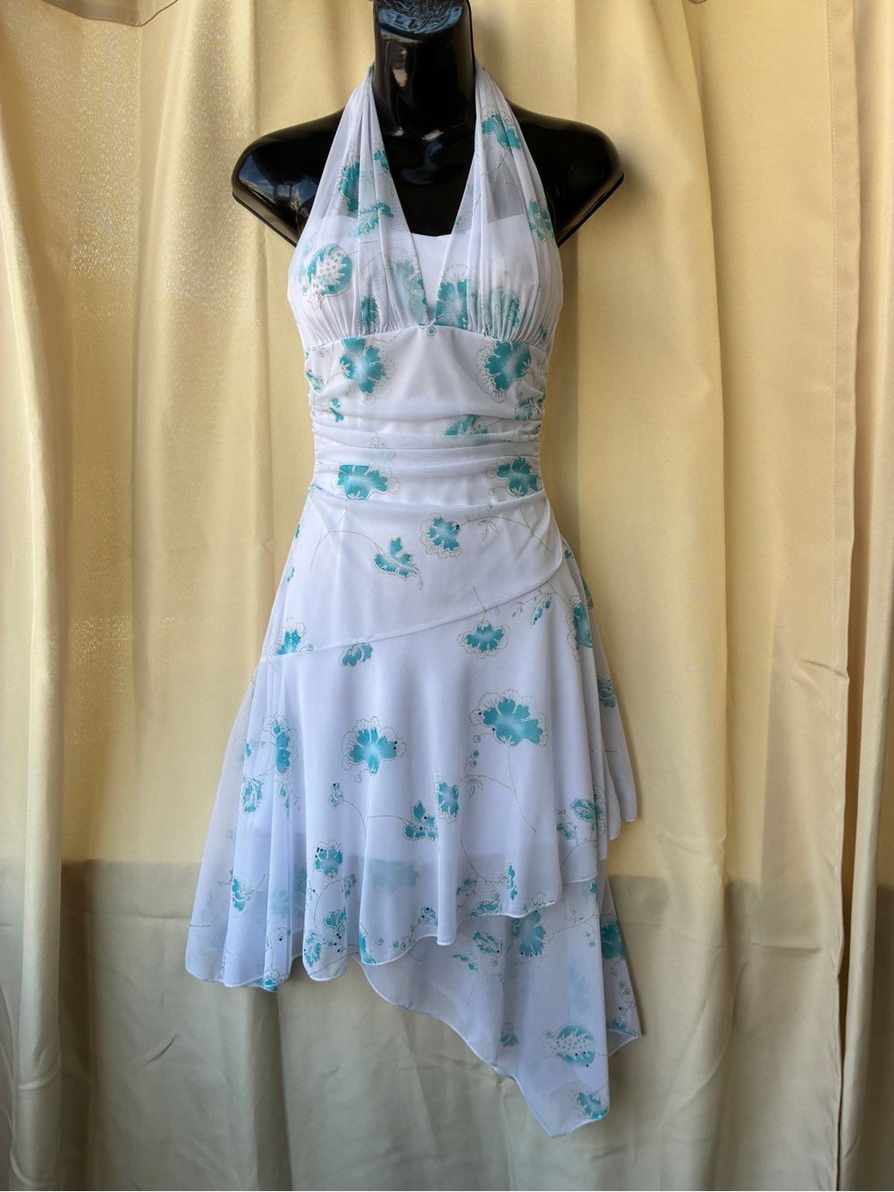 Y2K Vintage Halter‎ White & Teal Blue Glitter Asymmetrical Fairycore Dress Small